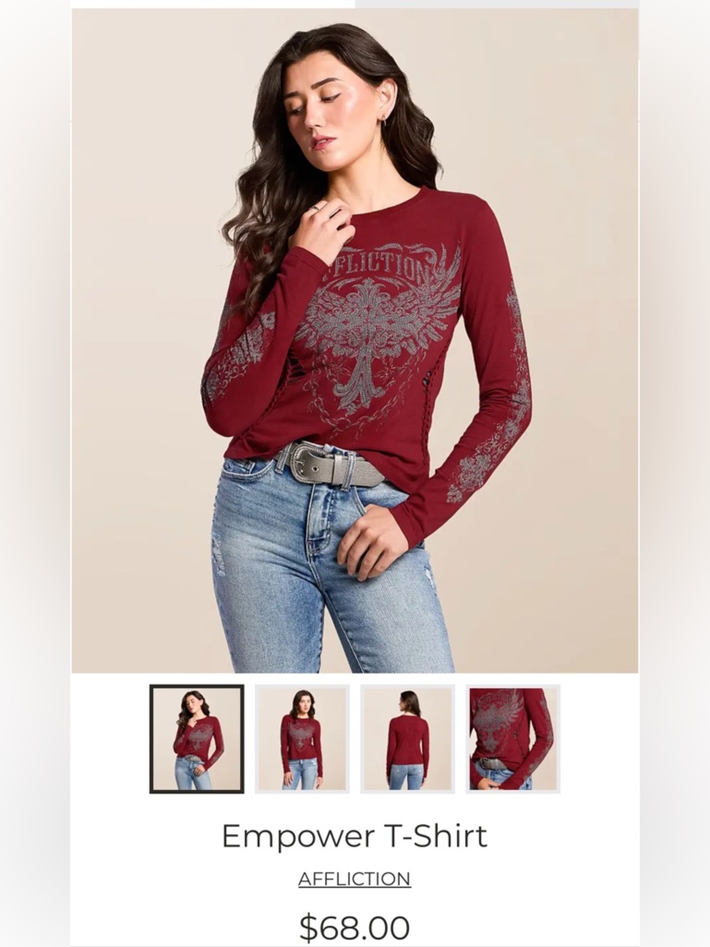 Affliction Women's Empower Long Sleeve Tee — Burgundy with Silver Graphic